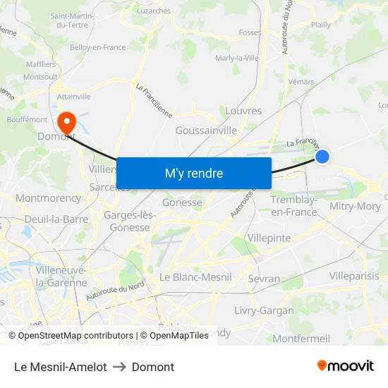 Le Mesnil-Amelot to Domont map