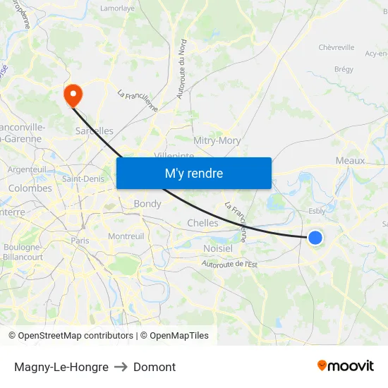 Magny-Le-Hongre to Domont map