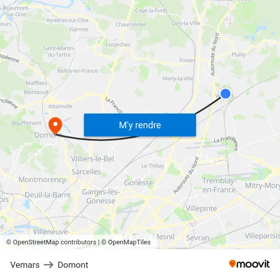 Vemars to Domont map