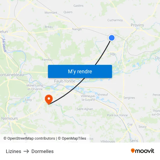 Lizines to Dormelles map