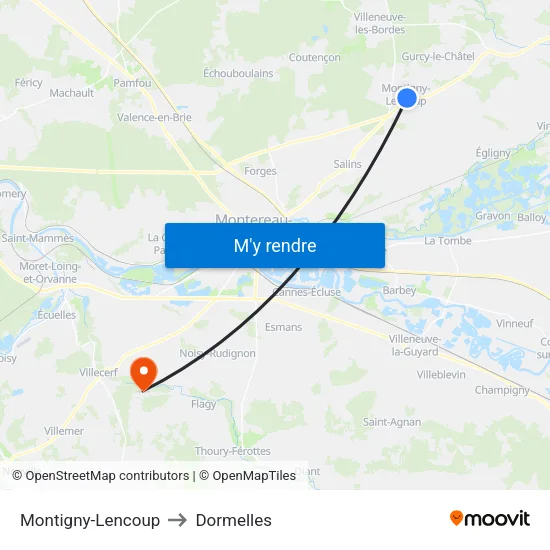 Montigny-Lencoup to Dormelles map