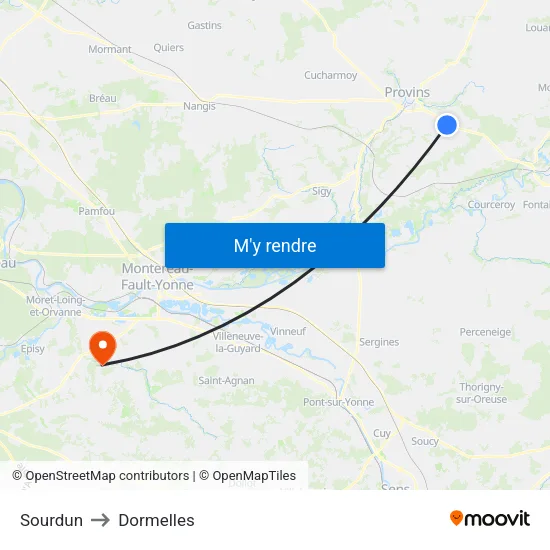 Sourdun to Dormelles map