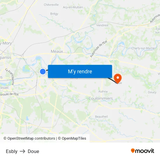 Esbly to Doue map