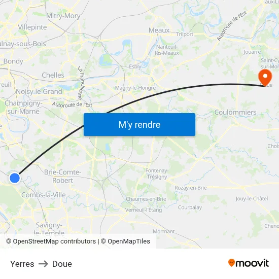 Yerres to Doue map