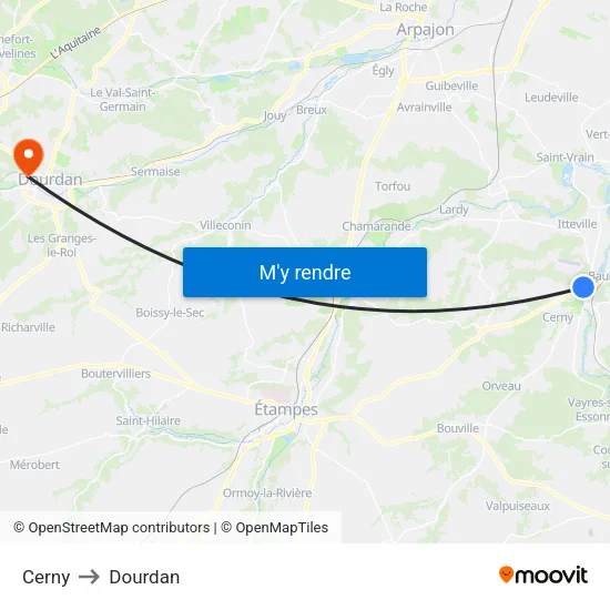 Cerny to Dourdan map
