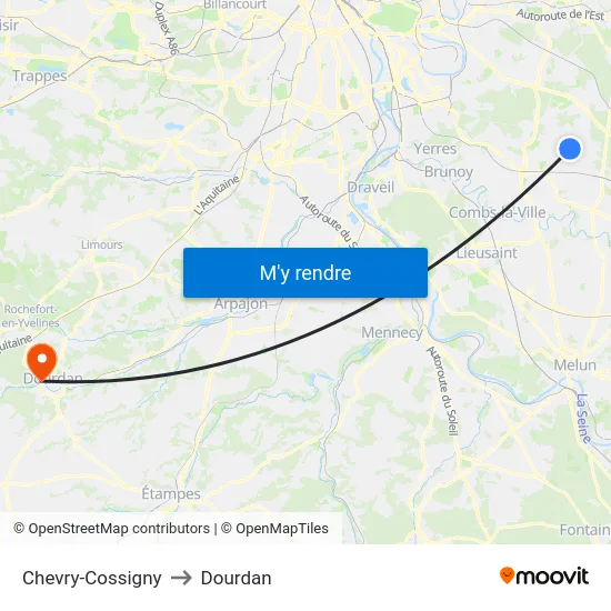 Chevry-Cossigny to Dourdan map