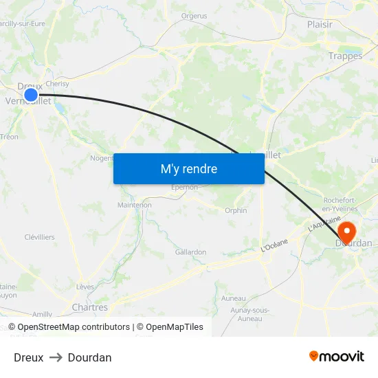 Dreux to Dourdan map
