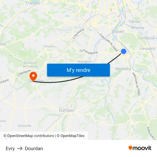 Evry to Dourdan map