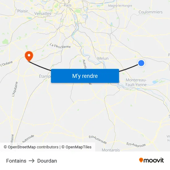 Fontains to Dourdan map