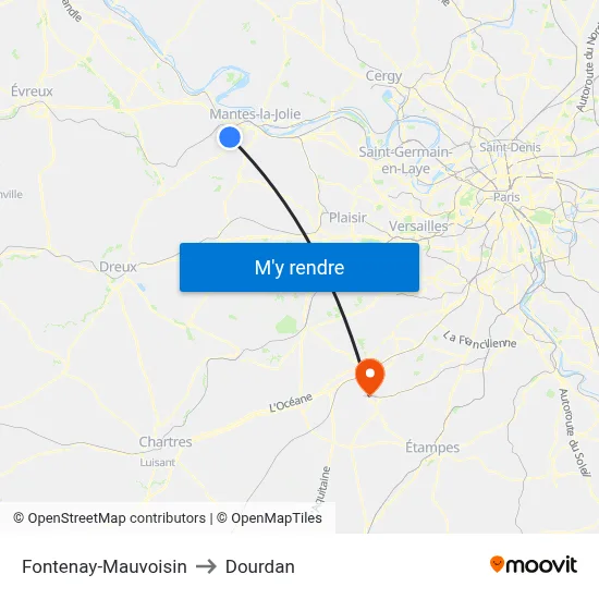 Fontenay-Mauvoisin to Dourdan map