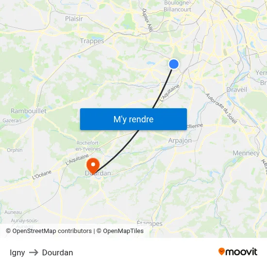 Igny to Dourdan map