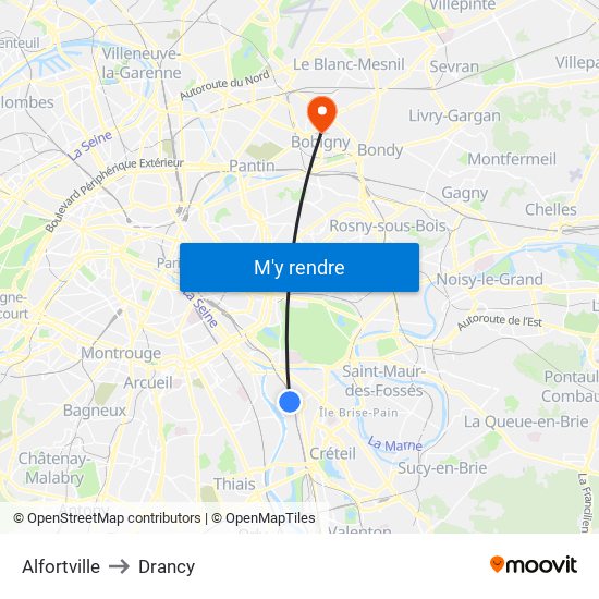 Alfortville to Drancy map