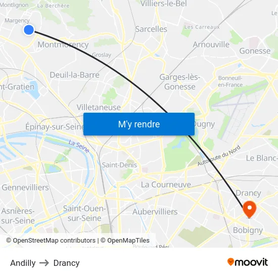 Andilly to Drancy map