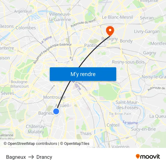 Bagneux to Drancy map