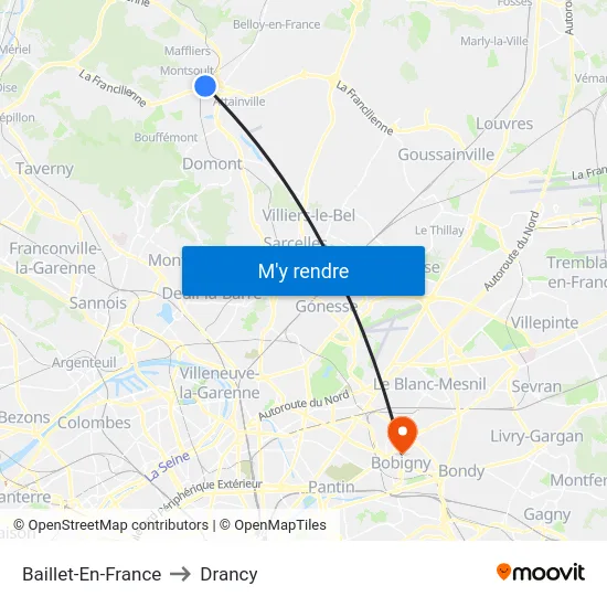 Baillet-En-France to Drancy map