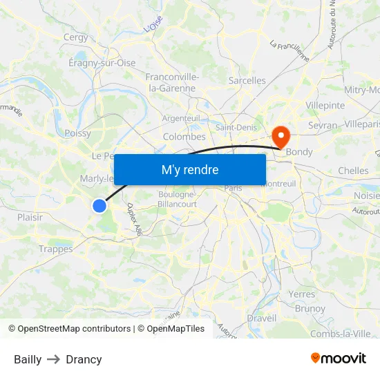Bailly to Drancy map