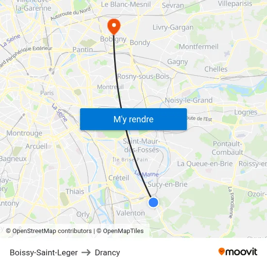 Boissy-Saint-Leger to Drancy map