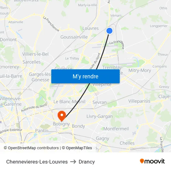 Chennevieres-Les-Louvres to Drancy map
