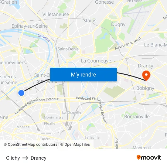 Clichy to Drancy map