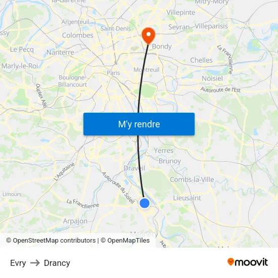 Evry to Drancy map