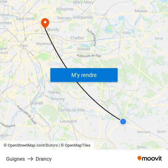 Guignes to Drancy map