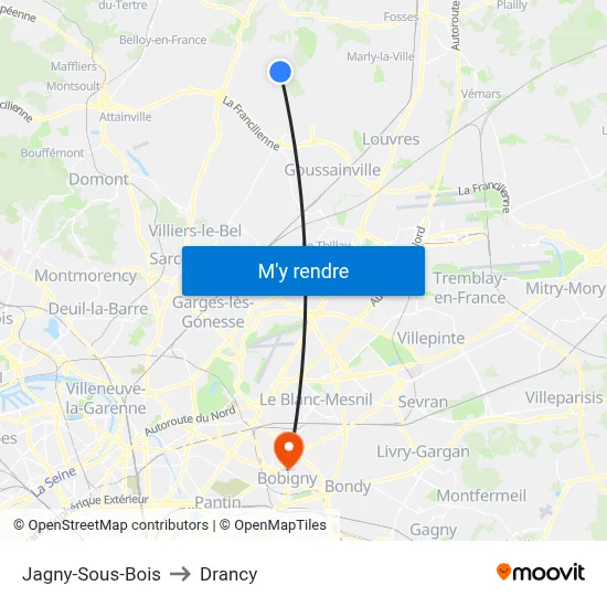 Jagny-Sous-Bois to Drancy map