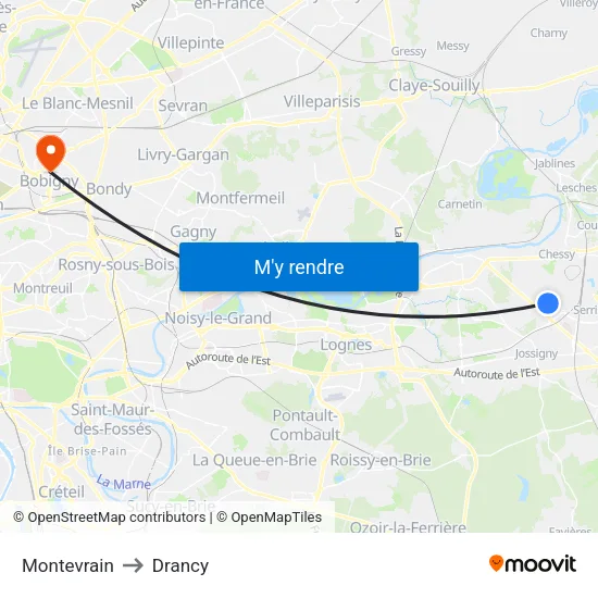 Montevrain to Drancy map