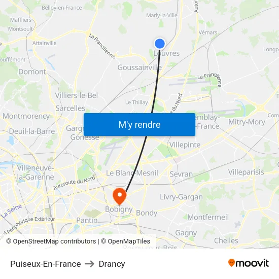 Puiseux-En-France to Drancy map