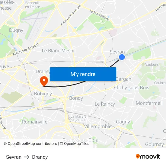 Sevran to Drancy map