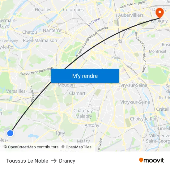 Toussus-Le-Noble to Drancy map