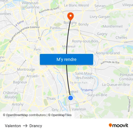 Valenton to Drancy map