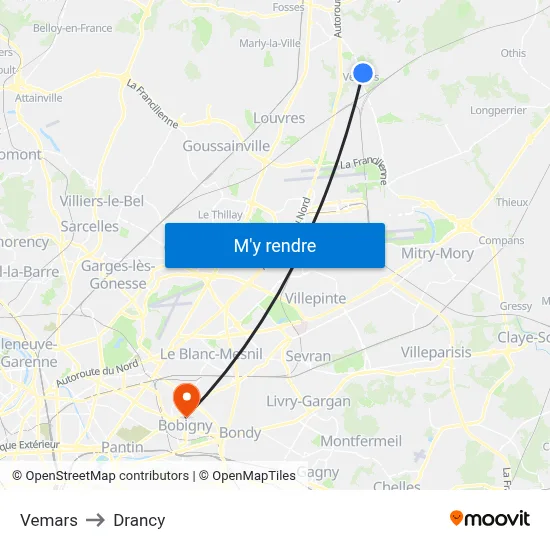Vemars to Drancy map