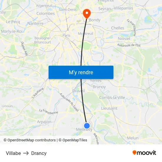 Villabe to Drancy map