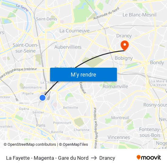 La Fayette - Magenta - Gare du Nord to Drancy map