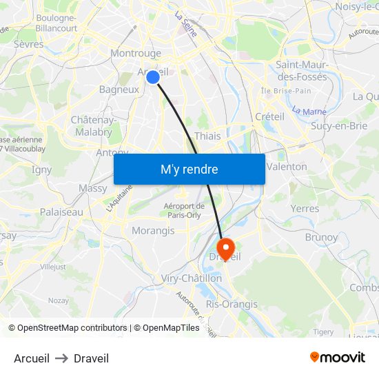 Arcueil to Draveil map