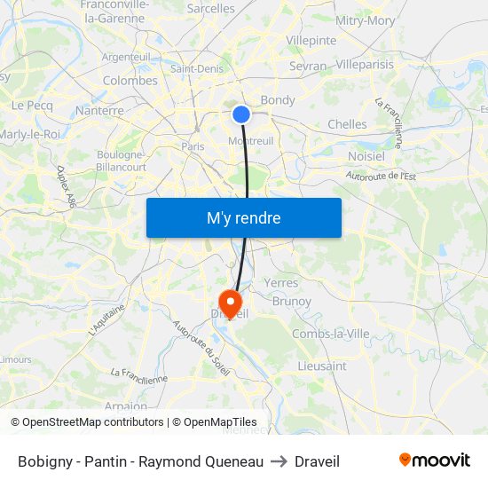 Bobigny - Pantin - Raymond Queneau to Draveil map