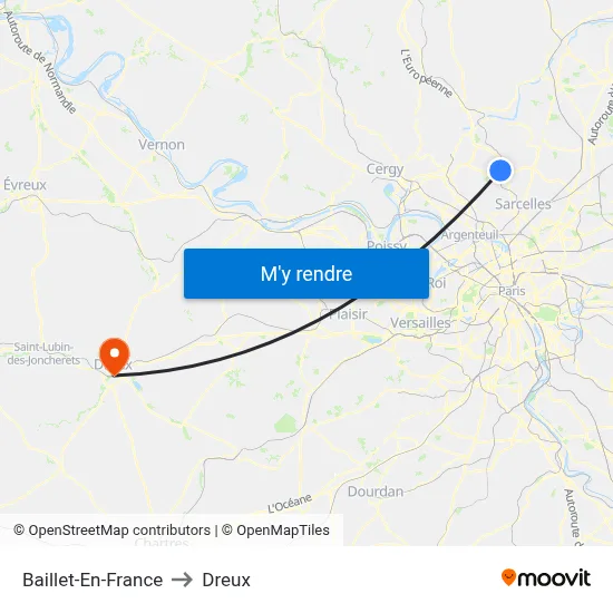 Baillet-En-France to Dreux map
