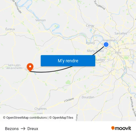Bezons to Dreux map