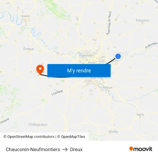 Chauconin-Neufmontiers to Dreux map