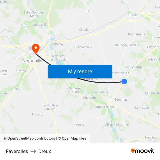 Faverolles to Dreux map
