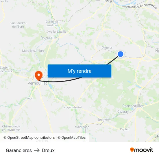 Garancieres to Dreux map