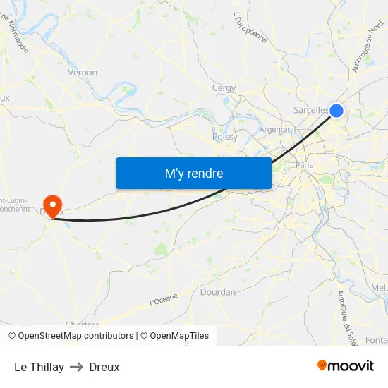 Le Thillay to Dreux map