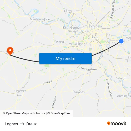 Lognes to Dreux map