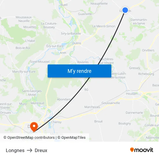 Longnes to Dreux map