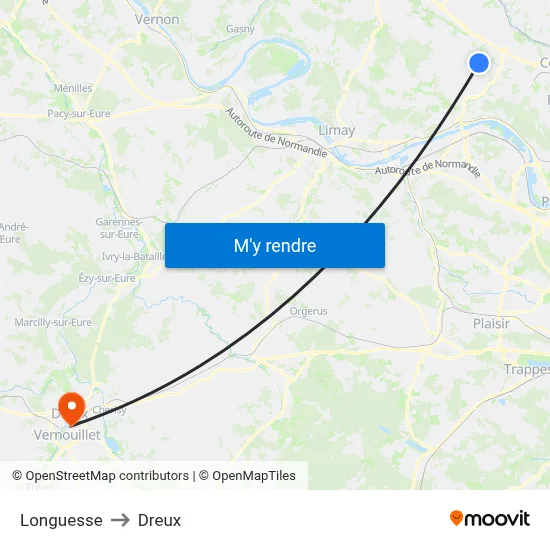 Longuesse to Dreux map