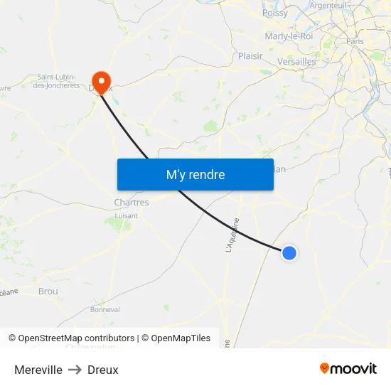 Mereville to Dreux map