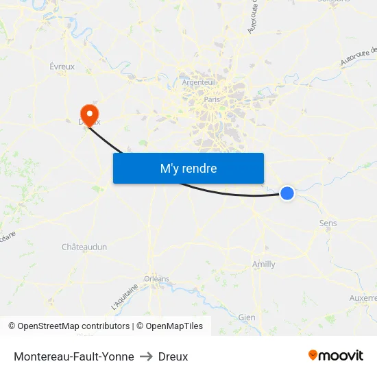Montereau-Fault-Yonne to Dreux map