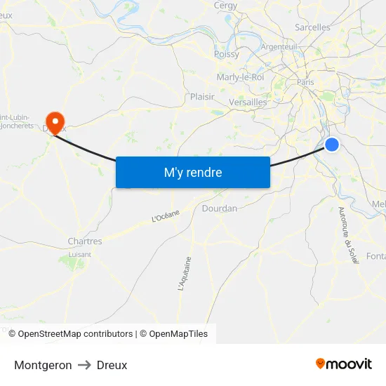 Montgeron to Dreux map