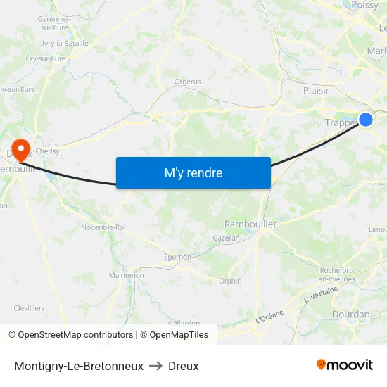 Montigny-Le-Bretonneux to Dreux map