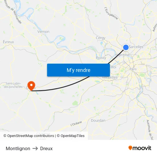 Montlignon to Dreux map
